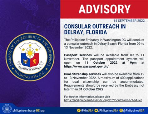 To all our KABABAYANS, please click here for the consular outreach mission of the Embassy of the Philippines Washington, D. . Philippine consular outreach in florida 2022